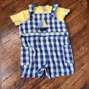 Plaid shorts overall outfit with yellow t-shirt 9 Months